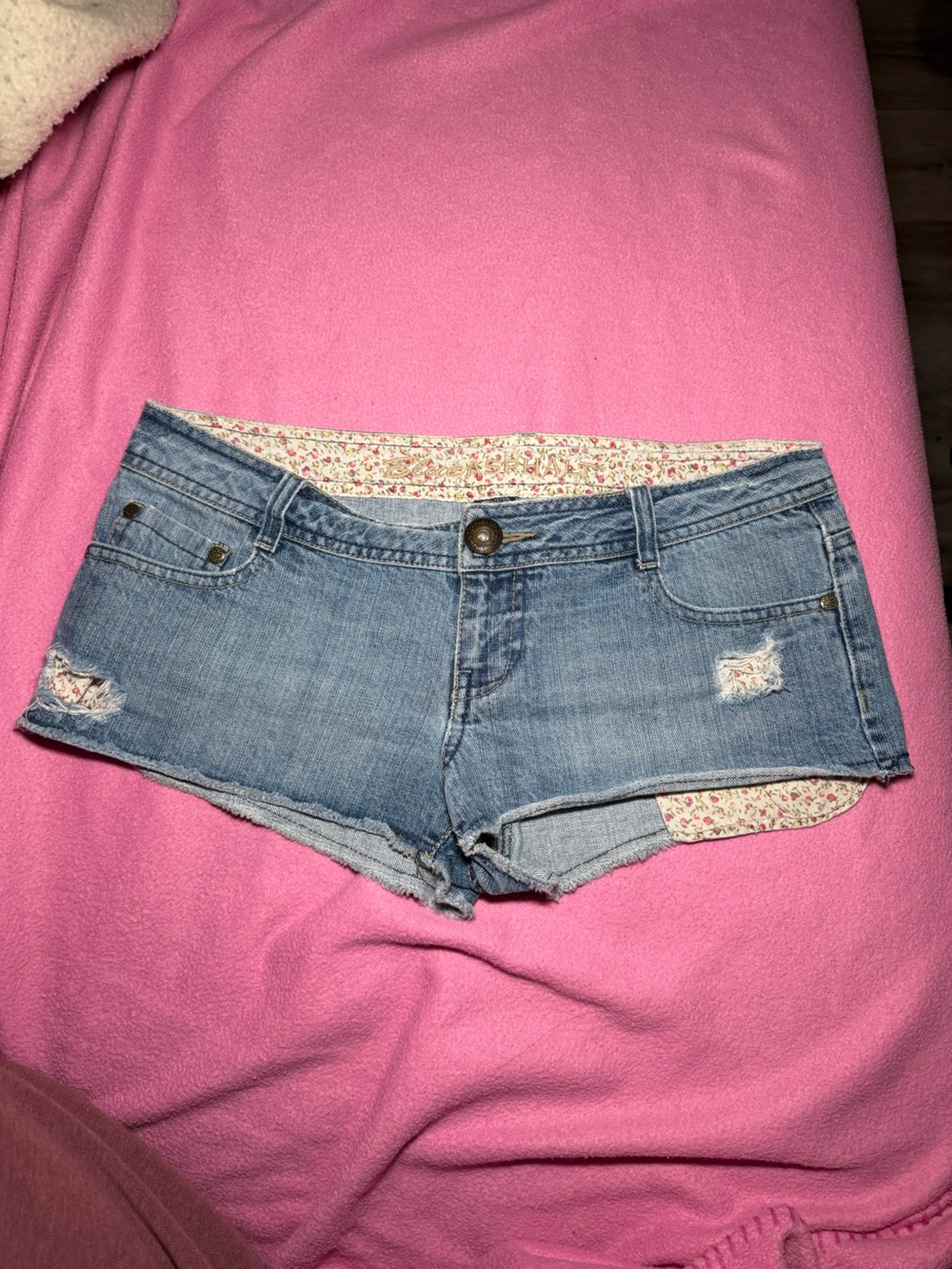 Blue Asphalt Mid-Blue Denim Cutoff Shorts with Floral Lining